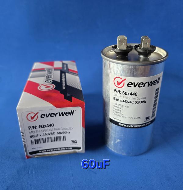 CAPACITOR DE MARCHA PARA REFRIGERACION 60 MFD 440V EVERWELL 60X440