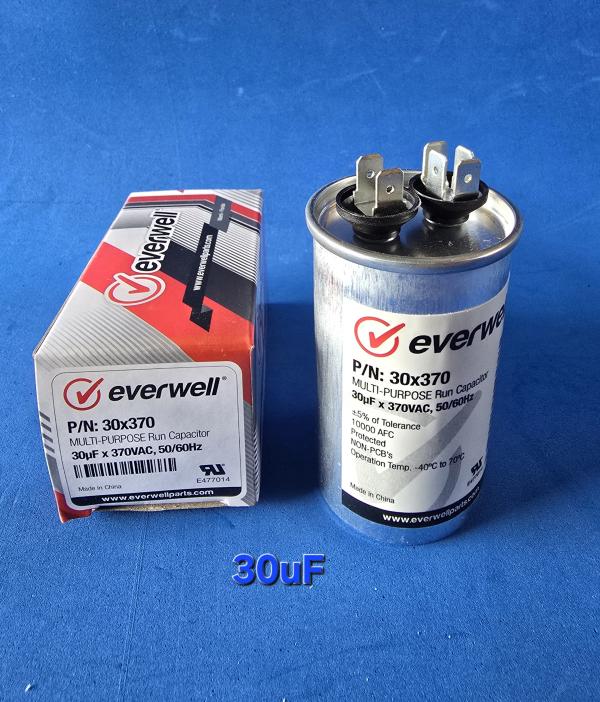 CAPACITOR DE MARCHA PARA REFRIGERACION 30 MFD 370V EVERWELL 30X370V